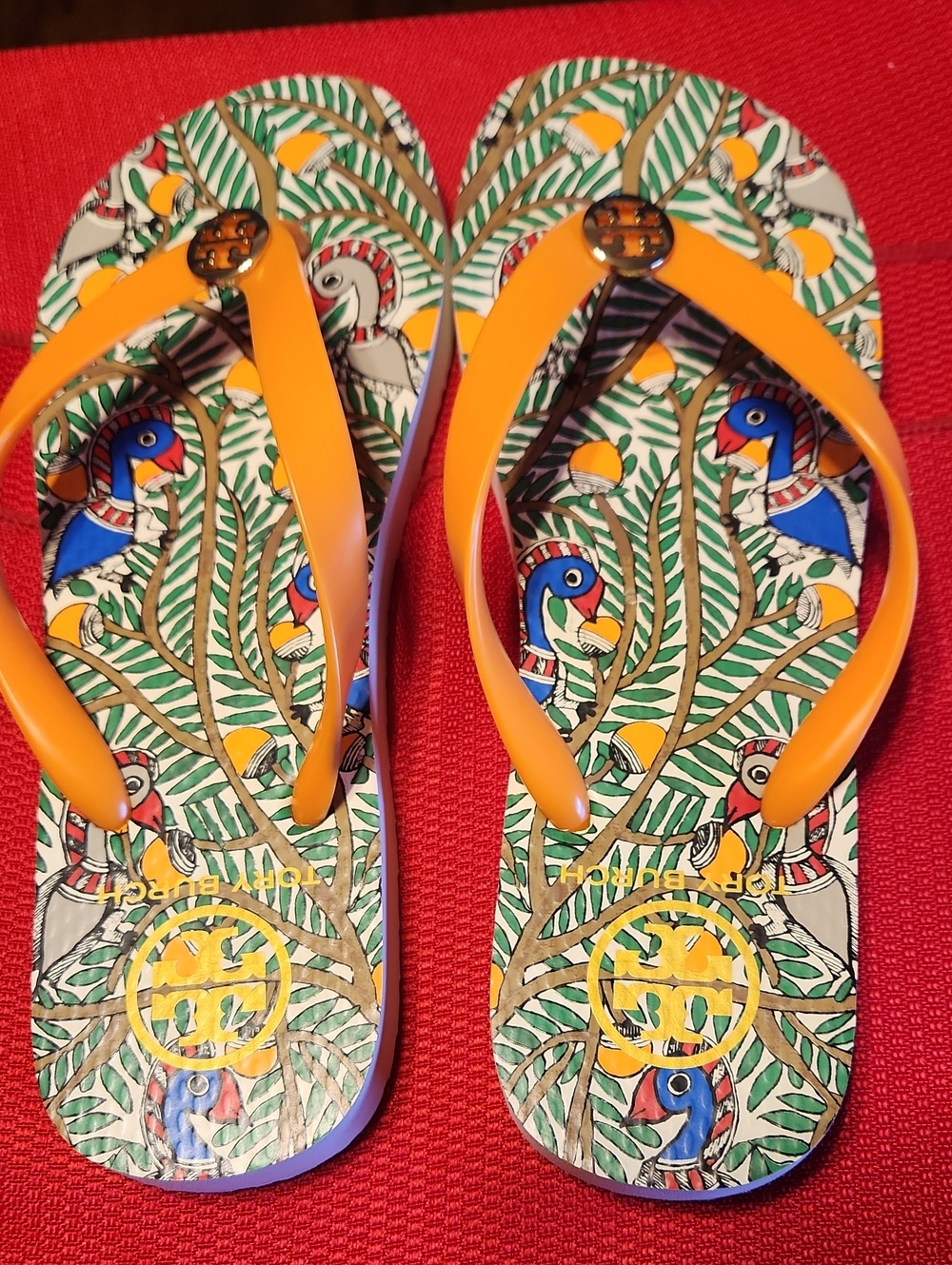 Tory Burch Orange Strap Flip Flop Sandals with Tropical Print - Picture 3 of 11